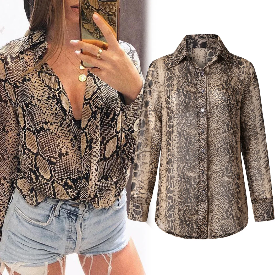 Весенне осенняя женская блуза со змеиным принтом с животным узором лоскутные