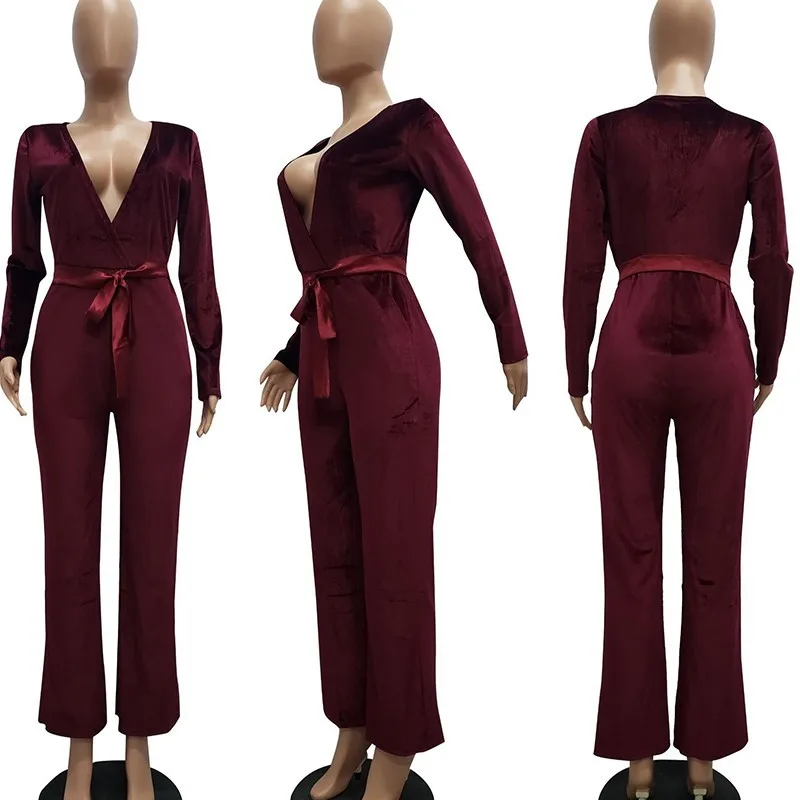 MUXU red fashion sexy elegant long jumpsuit macacao feminino bodysuit women rompers womens velvet body mujer streetwear | Женская одежда