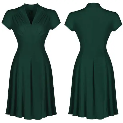 

Elegant Vintage Women Ladies Party Formal Dress Solid V Neck Short Sleeve Swing Dresses Summer Casual Clothing