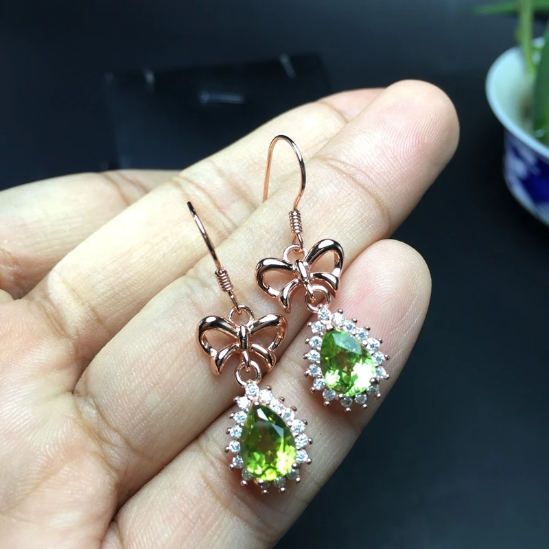 Серьги для девушек с зеленым оливковым камнем женщин 925 пробы серебряные Висячие