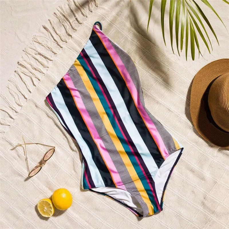 

Women Girls One-Piece Swimsuit Vintage Striped One-shoulder Beachwear Swimwear monokini Backless Sexy Bikini Bathing Suit Female