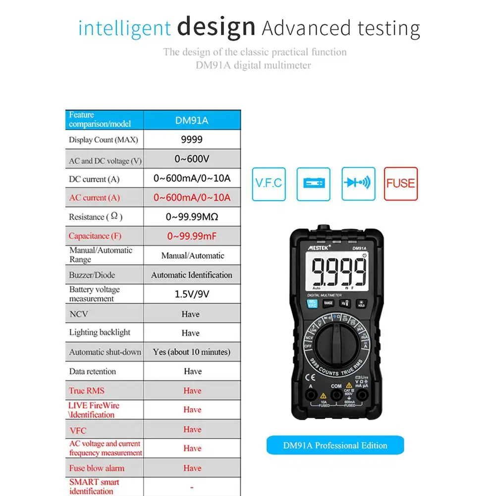 Adeeing DM91A Мини цифровой мультиметр 9999 отсчетов автоматический тестер диапазона