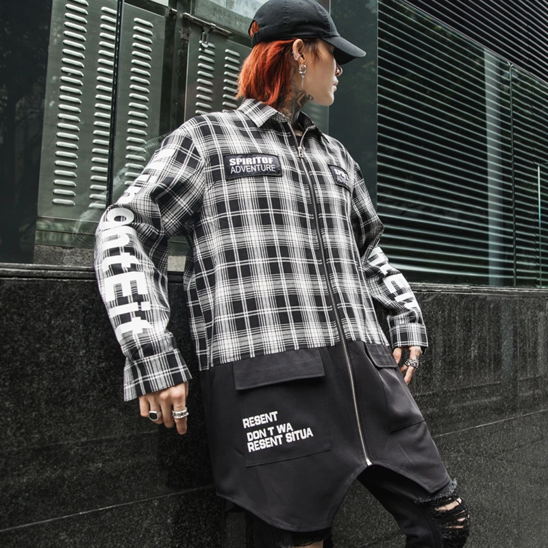 Мужская рубашка в черно белую клетку стиле хип хоп с принтом длинными рукавами