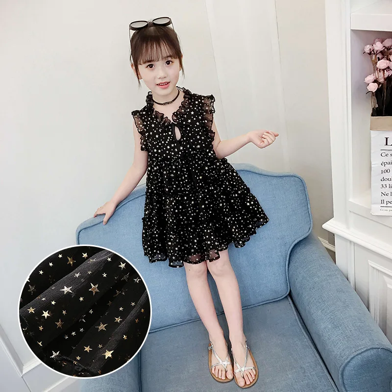 black dress age for 3 - 12 yrs little girls shine star pattern christmas princess costume summer white sleeveless ruffle frocks | Детская