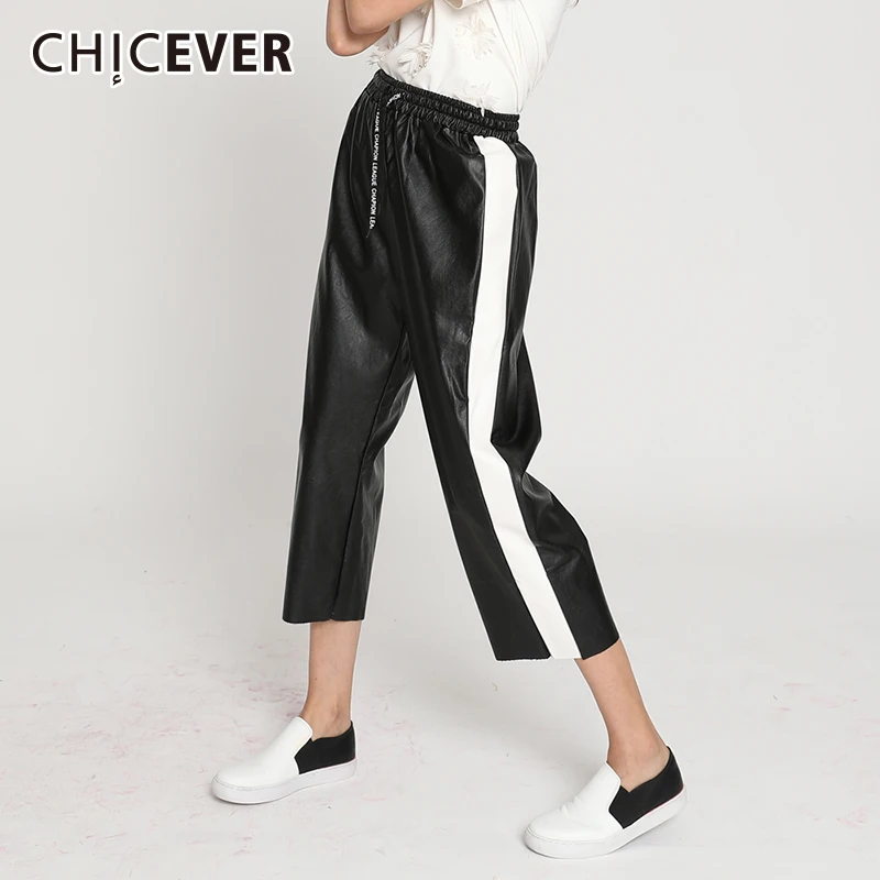 Chicever PU кожаные брюки для Для женщин сбоку полосатый Женский штаны-шаровары Капри