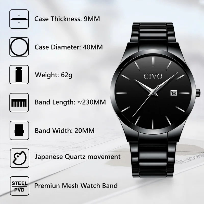 

CIVO Mens Fashion Watches Waterproof Date Calendar Analogue Watch Men Black Stainless Steel Quartz Wrist Watch Reloj De Hombre