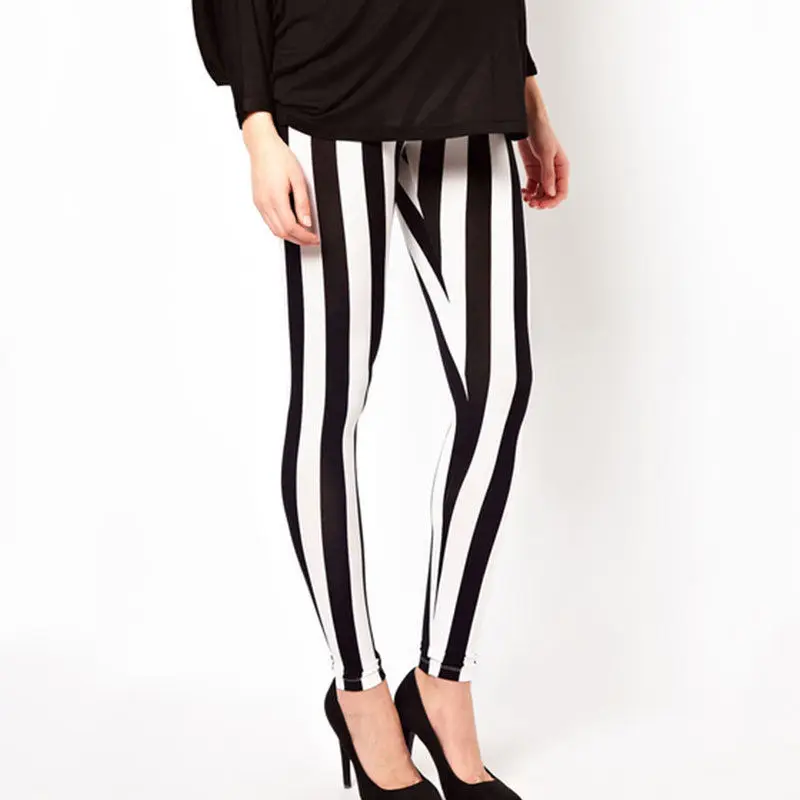 Женские леггинсы черные и белые Длинные обтягивающие Стрейчевые в полоску