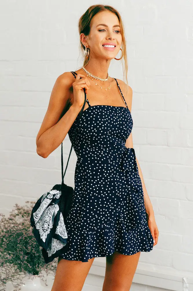 

Women 2019 Boho Summer Dot Ruffle Short Dress Spaghetti Strap Evening Party Beach Mini Dresses Sundress