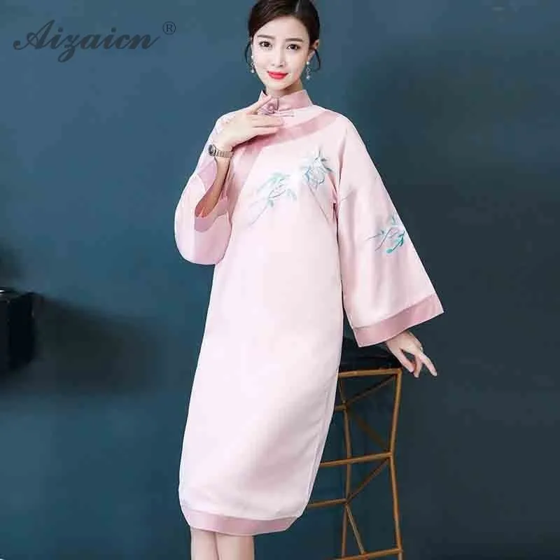 Hanfu, новинка, летнее, с вышивкой, современное, чонсам, розовое, Qi Pao, женское, традиционное, китайское платье, Ципао, повседневное, Восточный стиль