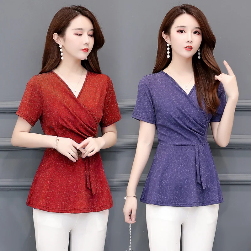 

Solid Slim Waist short Sleeve Women Blouse V-Neck Vintage Blusa Elegant mother Female Top 2019 New Fashion Chic Shirts