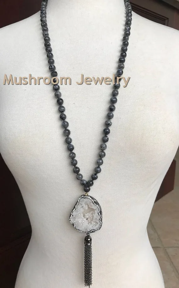 Fashion Bohemian Tribal Jewelry Natural Stone labradorite Long Knotted Druzy Pendant Necklaces For Women | Украшения и аксессуары