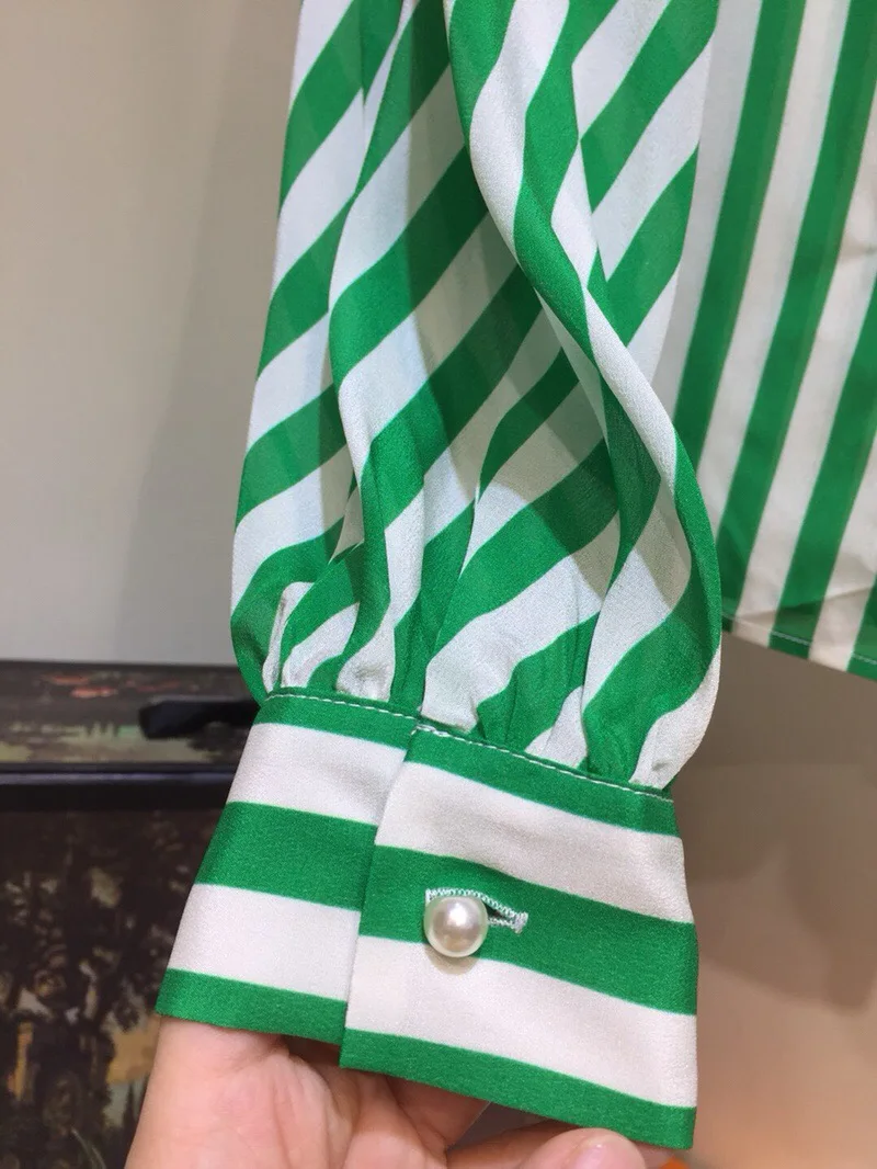 2019 new 100% silk striped lantern sleeve bow collar shirt 1 colour 3 sizes women Spring clothes | Женская одежда