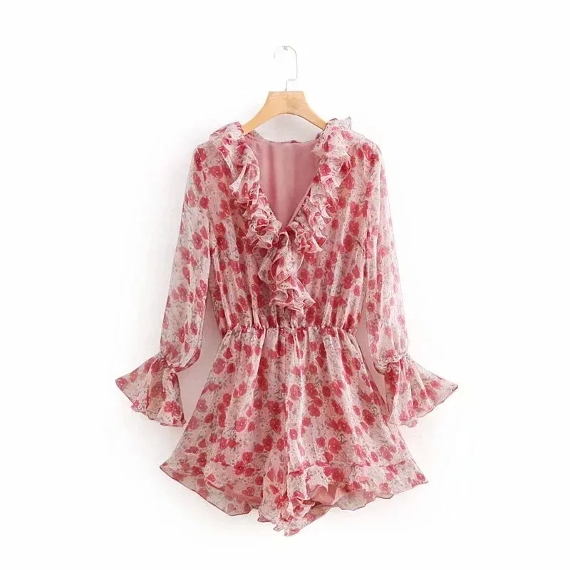 

Summer Women's Playsuits Flare Sleeves Deep V Neck Floral Printed Bohemian Female Jumpsuit Beach Boho Chic Vacation Bodysuits
