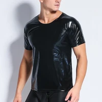 mens wet look t shirt sexy slim tight tops faux pu leather t shirt male club tee short sleeve muscle tee tops mens undershirts