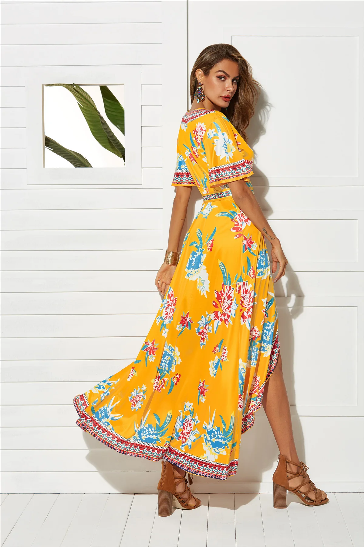 Summer Dress Short Sleeve Women Split Beach Sexy V-neck Flower Printed Bandage Long Vestido | Женская одежда