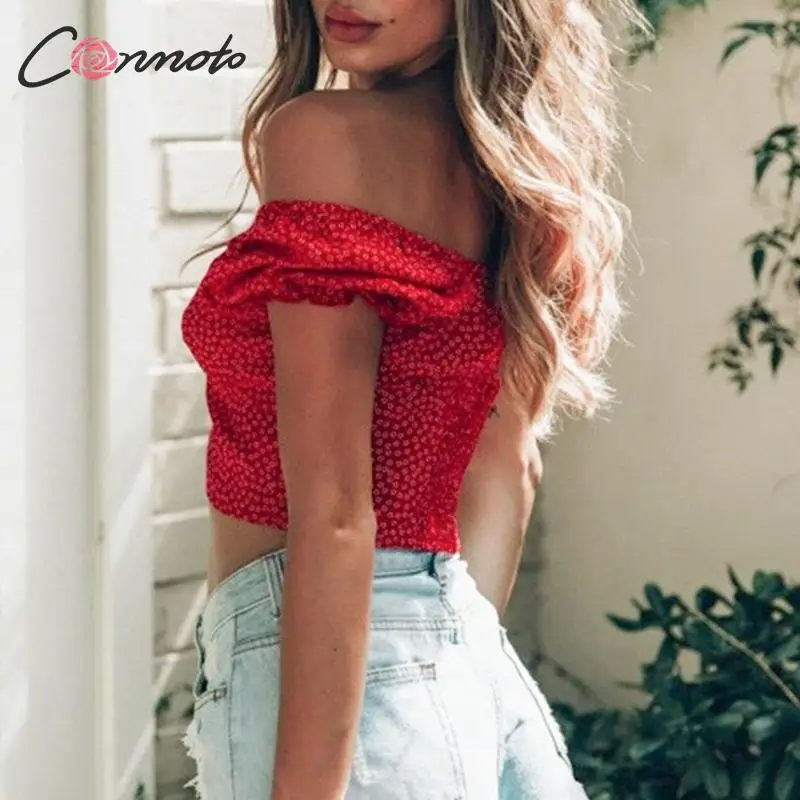 Conmoto Сексуальные красные укороченные топы и блузки с открытыми плечами