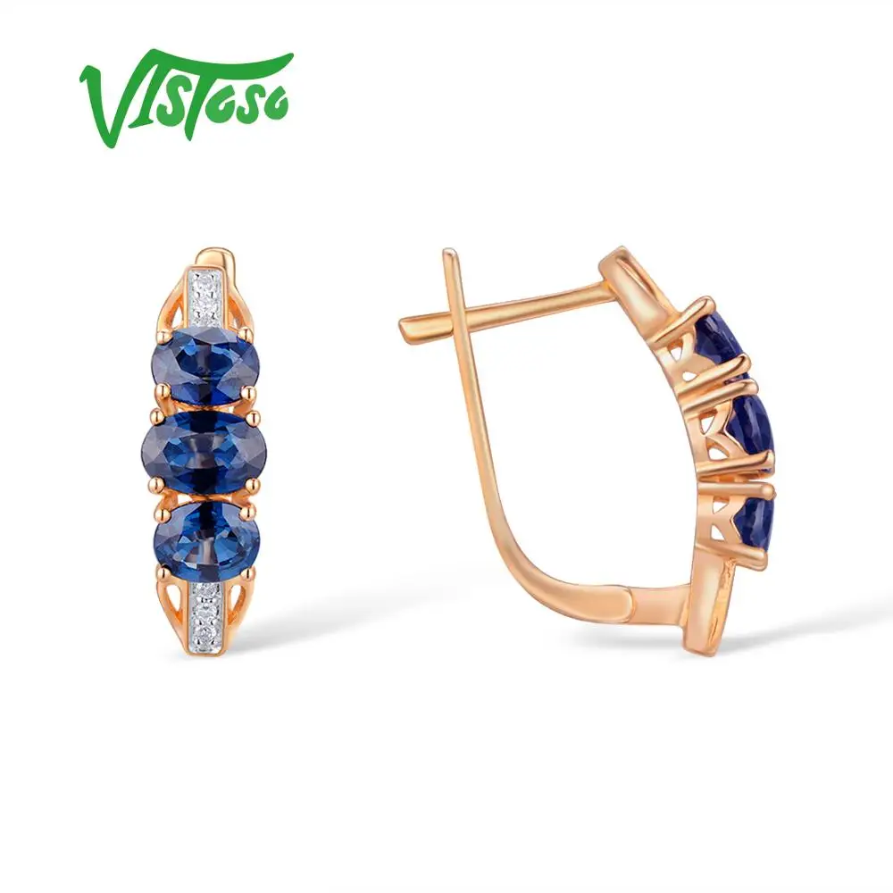 VISTOSO золотые серьги для женщин 14K 585 розовое золото сверкающий синий сапфир