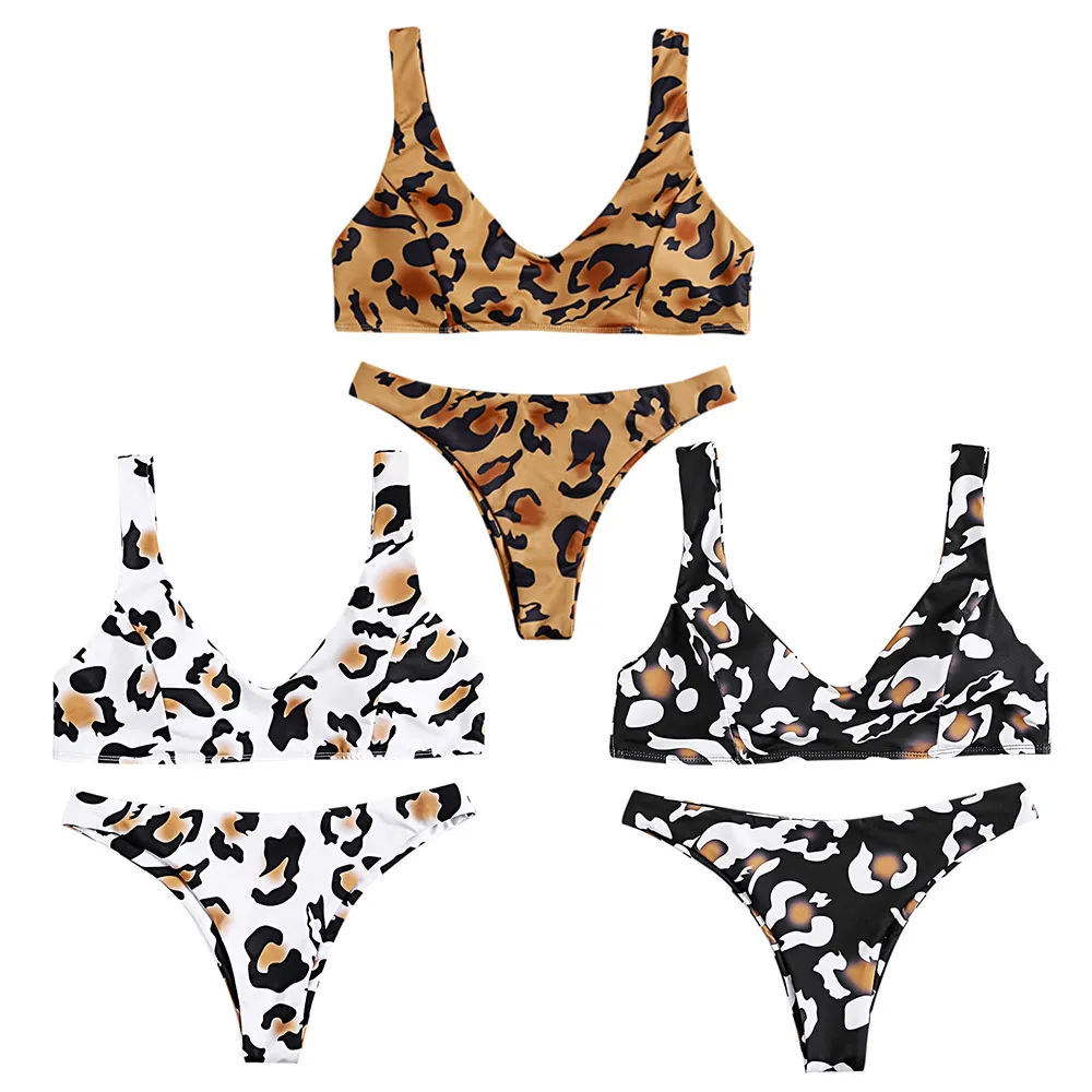 2019 Sexy V Neck Backless Women Swimsuit Bikinis Padded Leopard Print Low Waist Two-piece Female Bikini Set |