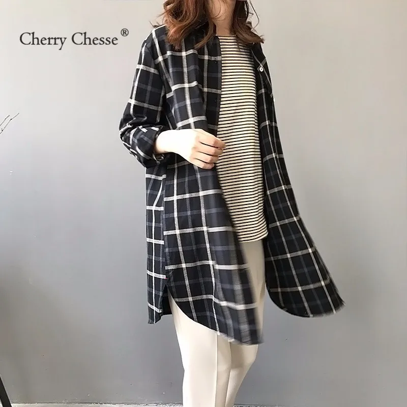 Cherry Chesse Vintage Plaid Women Blouse Button Turn Down Collar Pocket Shirt Female Autumn Spring Tops |