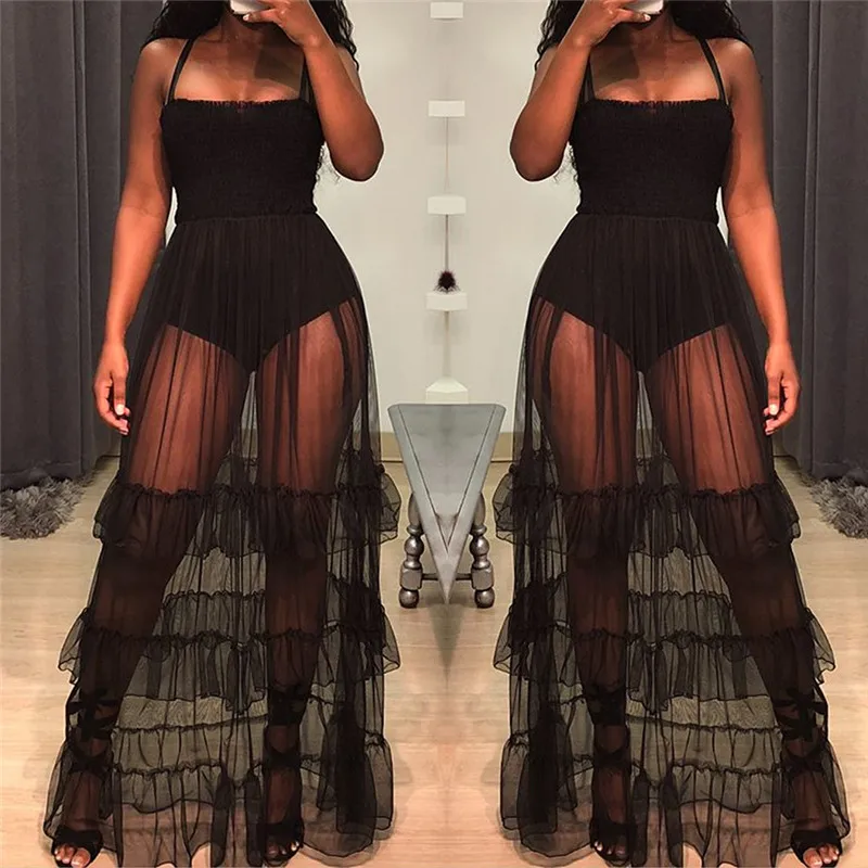 Black Purple Sheer Mesh Maxi Dress Womens Sleeveless Spaghetti Strap Long Ruffle Sexy See Through Summer Beach Dresses | Женская одежда