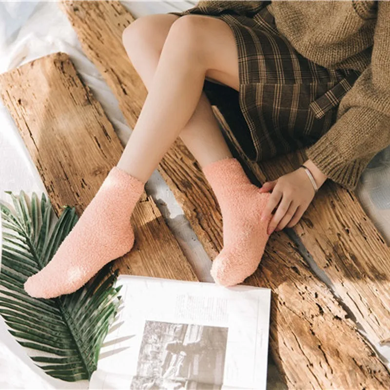 PEONFLY Thickening Solid Candy Color Cotton Socks women Autumn Winter Warm Lovely Coral Villus Towel Floor hosiery female | Женская