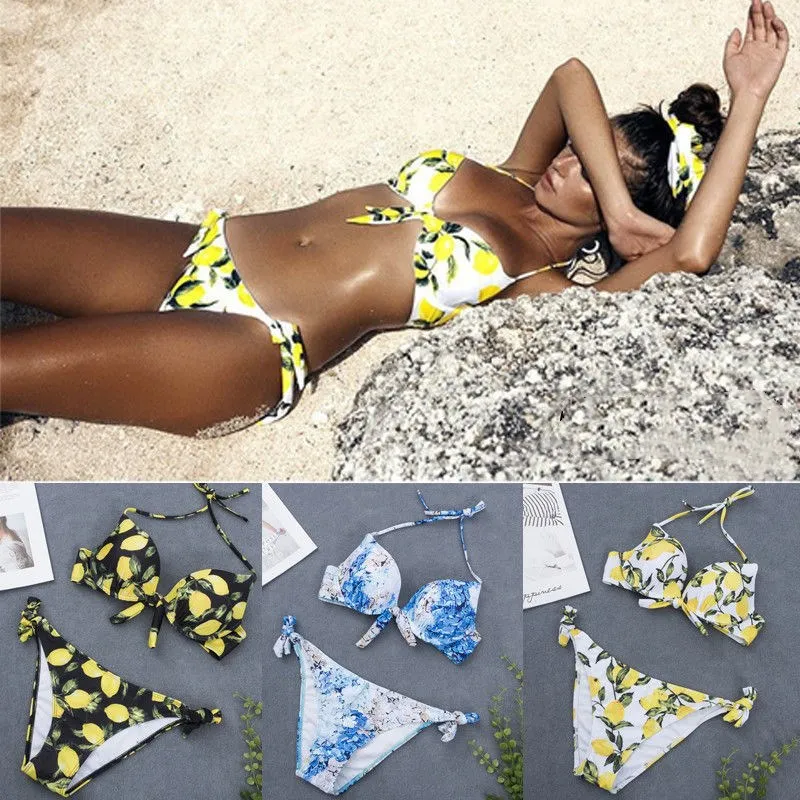 

Hot Sale Women Push Up Bikini Set Floral Printed Bowknot Padded Swimwear Brazilian Biquini 2019 Sexy Lady Swimsuit Bathing Suit