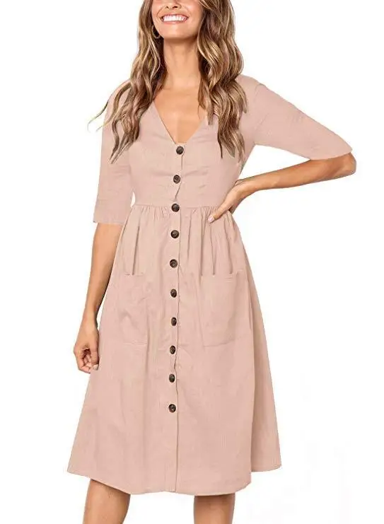 

Autumn Solid Color V Lead Button Pocket In Sleeve Leisure Time Woman Dress30