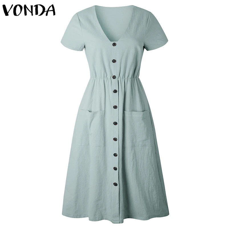 

VONDA Women Knee-length Dresses 2021 Summer Pregnant Vintage Sexy V Neck Short Sleeve Casual Maternity Buttons Plus Size Vestido