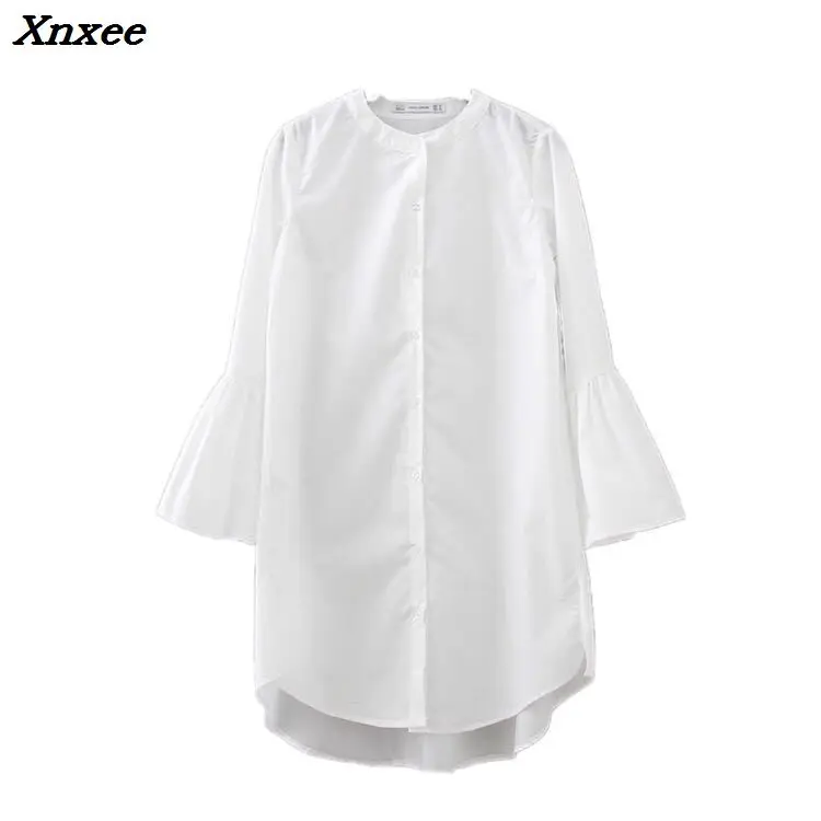 

Women shirt dress white flare sleeve summer fashion O-neck elegant blouse dress casual clothing Xnxee