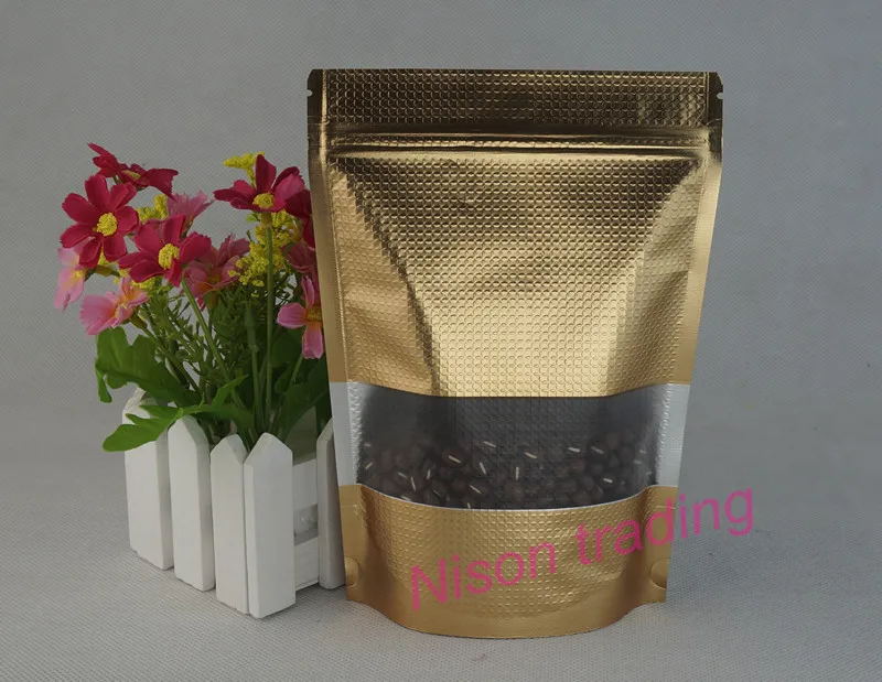 

14x20cm Dark Golden Mylar Plating Food Storage Pouch,100pcs Stand Matte Gold Embossing Aluminum Foil Ziplock Bag with Window