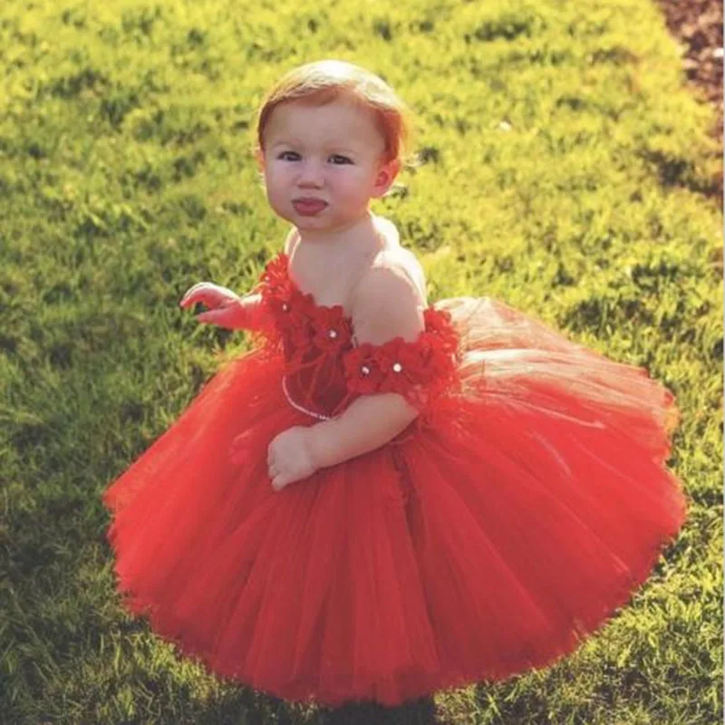 Pudcoco Toddler Baby Girls Summer Red Dress Lace Appliques Flower Gown Formal Party Wedding Tulle Tutu Dresses Vestidos | Детская одежда