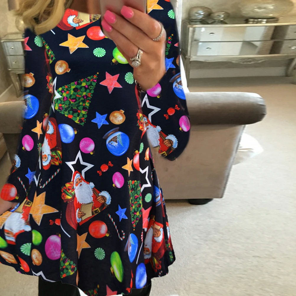 Women Christmas Dress New Year Festival Large Size Long Sleeve Tree Casual Vintage Winter Ladies Vestidos 5Xl Plus | Женская одежда