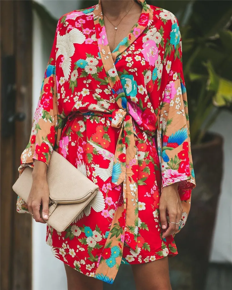 

2018 Autumn Summer Women Long Sleeve Bohemian Floral Casual Loose Long Blouse Kimono Long Cardigan Flare Sleeve Print Thin Shirt