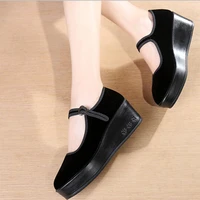 wedges platform mary jane shoes for women cotton black round toe high heels pumps black comfortable buckle work dance shoes