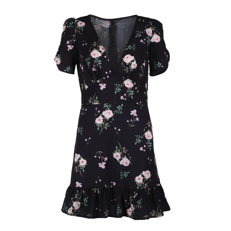 Fashion Women Casual Slim Floral Print Short Sleeve Bodycon Party Sexy Deep V-neck Cocktail Mini Pullover Dress Summer Clothes | Женская