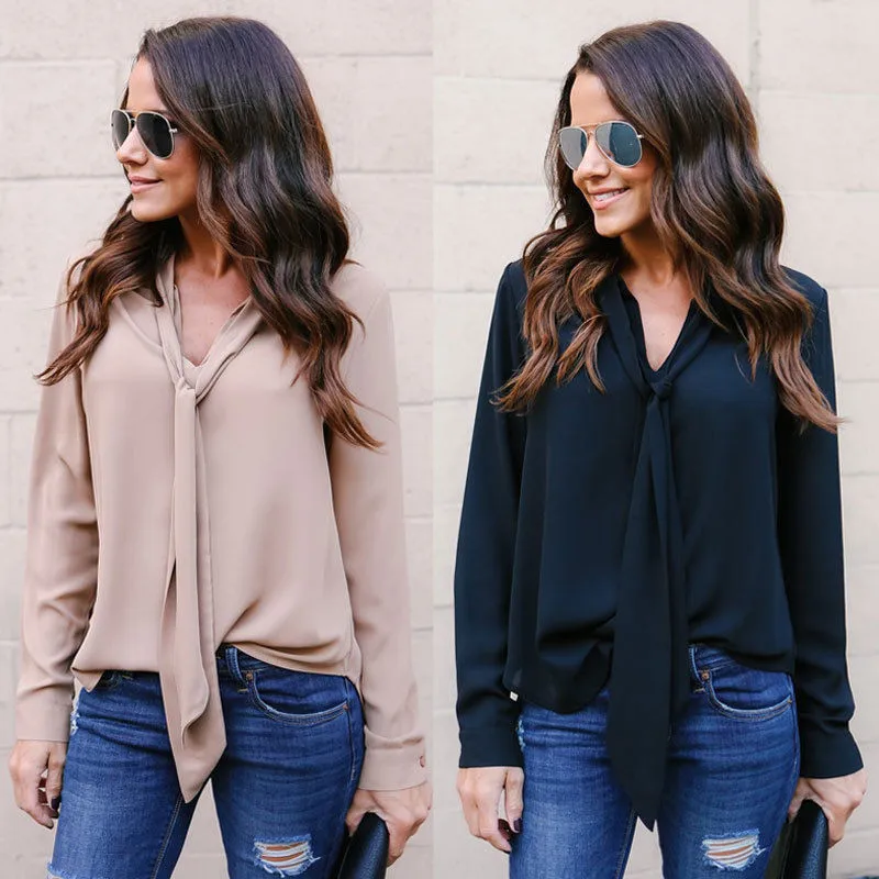 Trendy Women clothes Casual Long Sleeve V-neck Loose Chiffon Blouses one pieces Ladies solid Shirts pullover |