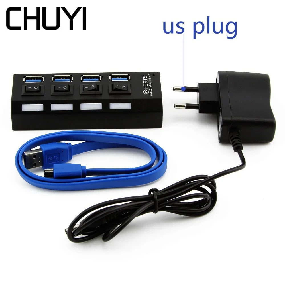 

CHUYI USB 3.0 HUB 4 Port With ON/OFF Switch High Speed 5Gbps Multi USB 3.0 Splitter With EU/AU/US/UK Power Adapter For PC Laptop