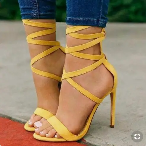 Murah Seksi Suede Biru Cross-Tied Wanita Sandal Cut-Out Peep Toe Tali Pergelangan Kaki Sepatu Hak Tinggi Super Gladiator Sandal Wanita Musim Panas Sepatu