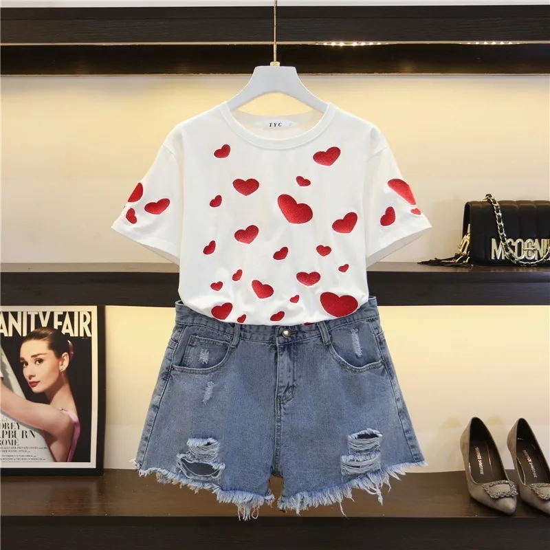 2019 летние модные женские костюмы вышивка сердце короткий рукав футболки топ +