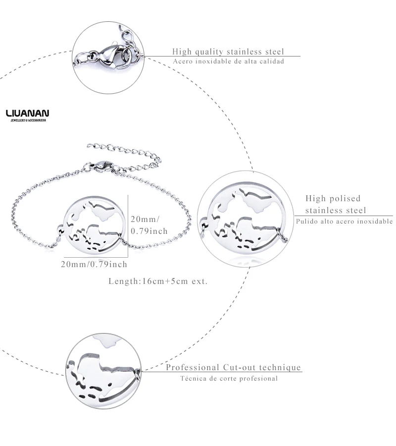 Браслет с картой мира браслет подвесками континентов цепочка из нержавеющей