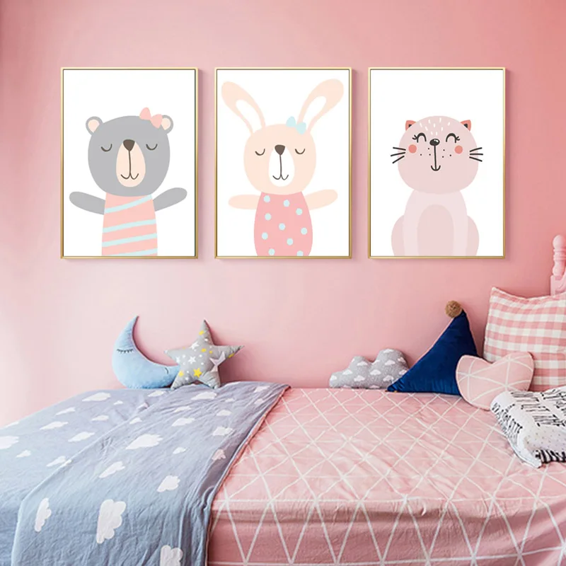 

Kawaii Nursery Wall Art Canvas Poster Bear Cat Rabbit Print Pink Cartoon Painting Decoration Picture Nordic Kids Bedroom Decor