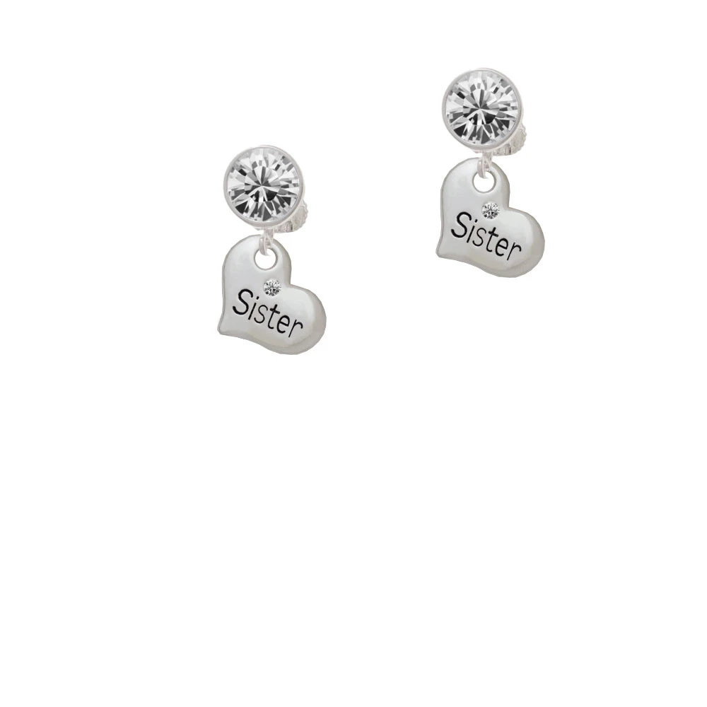 Small ''Sister'' Heart with Clear Crystal Clip On Earrings |