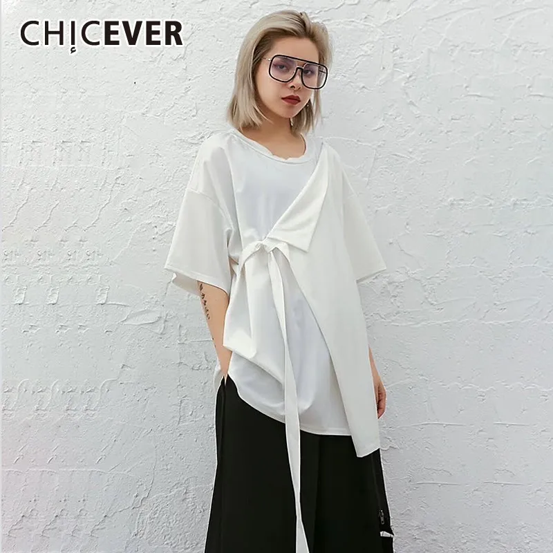 Женская футболка с бантом CHICEVER повседневная однотонная свободная круглым