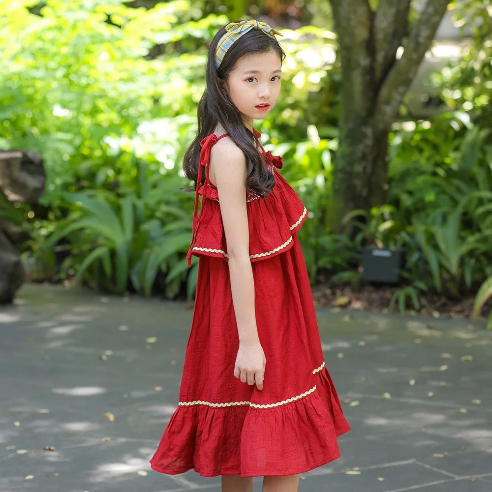 2020 Summer Flower Big Girl Dress Children Party Princess Clothes Sleeveless Long Dresses Red Pink Size 10 12 14 8 6 4 Years | Детская