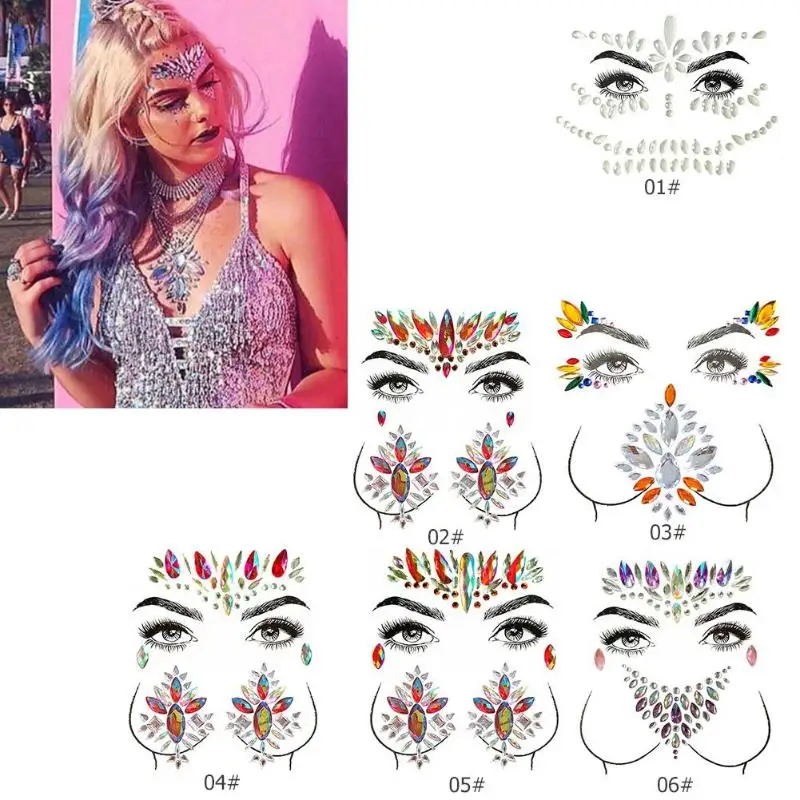 Adhesive Face Chest Tattoo Gems Sticker Set Women Jewelry Body Art Festival Party Makeup Temporary Stickers | Красота и здоровье