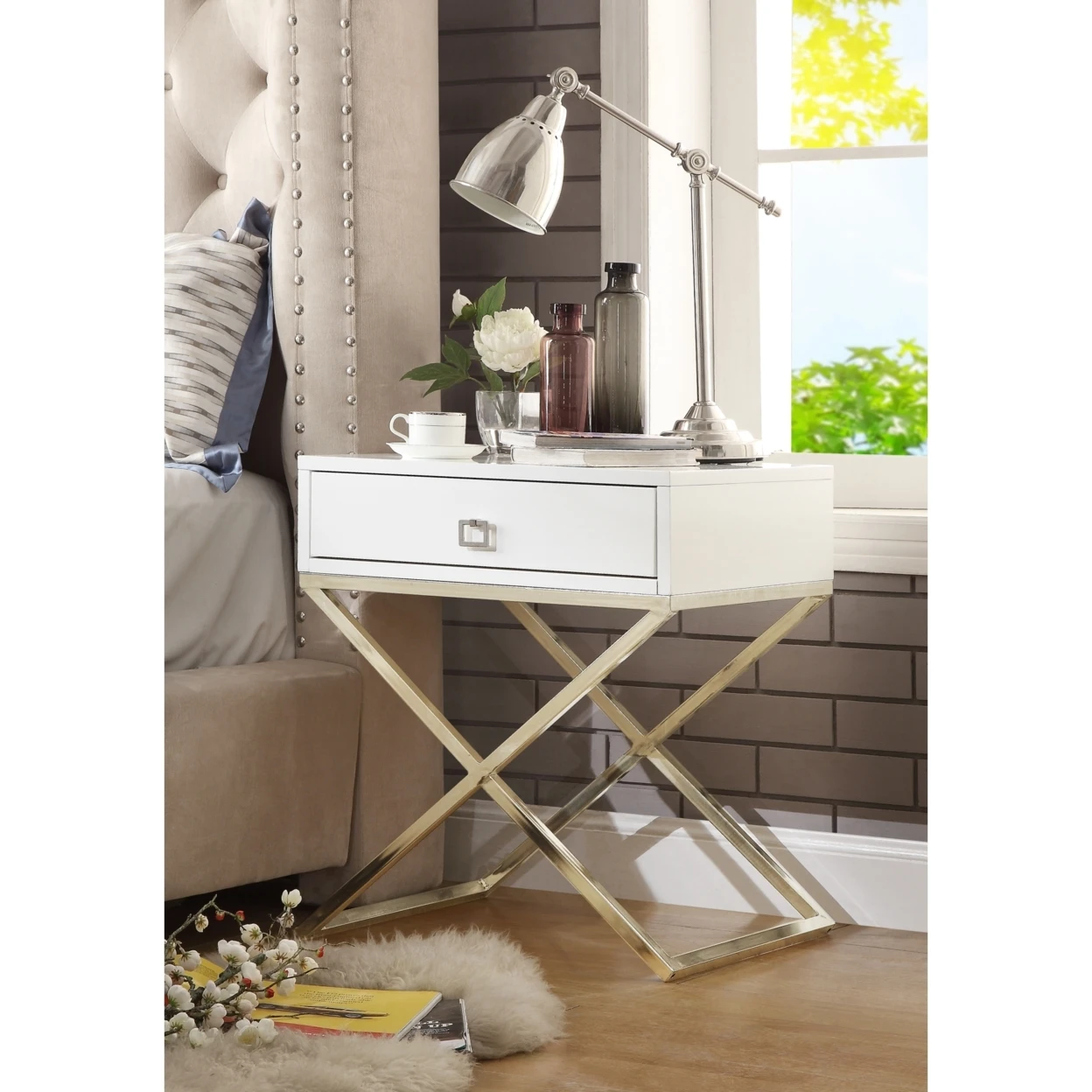 Jesse Lacquer Finish Nightstand | Steel Base Side Table Modern Inspired Home Мебель
