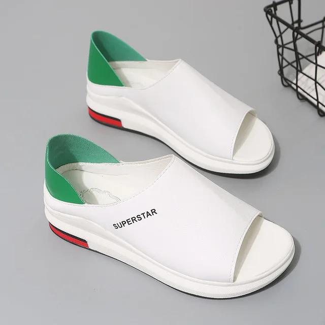 Женские кожаные сандалии на платформе с открытым носком повседневные пляжные