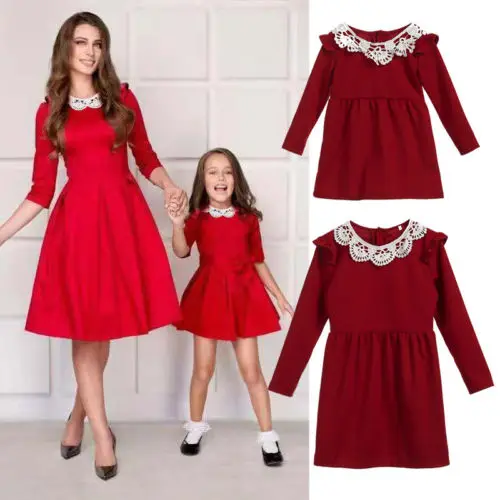 Christmas Mother and Daughter Party Red Dress Lace Family Matching Dresses Outfit Cotton | Мать и ребенок