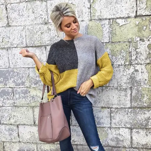 Ladies Long Sleeve Soft Knit Sweater Top Women Autumn Round Neck Knitted Ribbed Jumper Patchwork Sweaters | Женская одежда