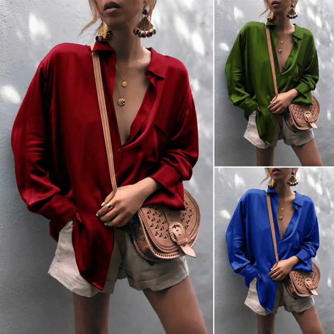 

Womens Solid V Neck Long Sleeve Blouse Button Casual Loose V neck Tops Shirt New Fashion Women Clothes Streetwear